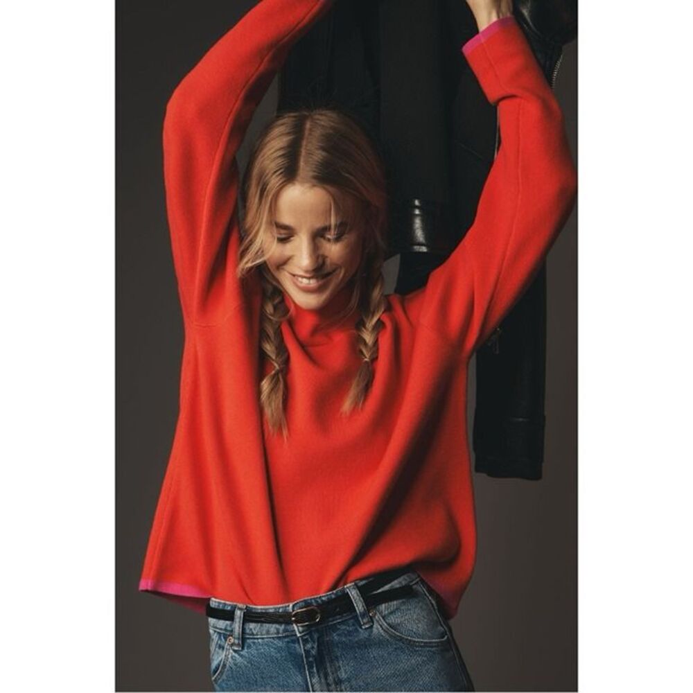 Anthropologie Maeve CARYS Mock Neck Sweater Women’s Medium Red Orange Oversized